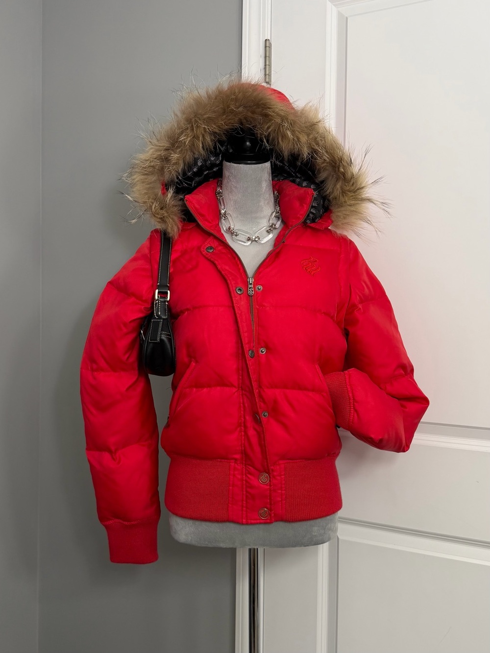 Y2K Rocawear Red Puffer Bomber Jacket w/ Faux Fur Trim Hood